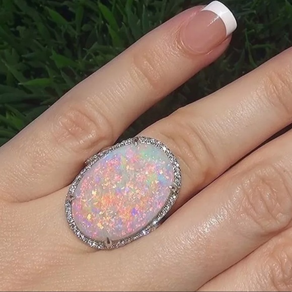NEW Sterling Silver Huge Opal Diamond Ring - Picture 7 of 7